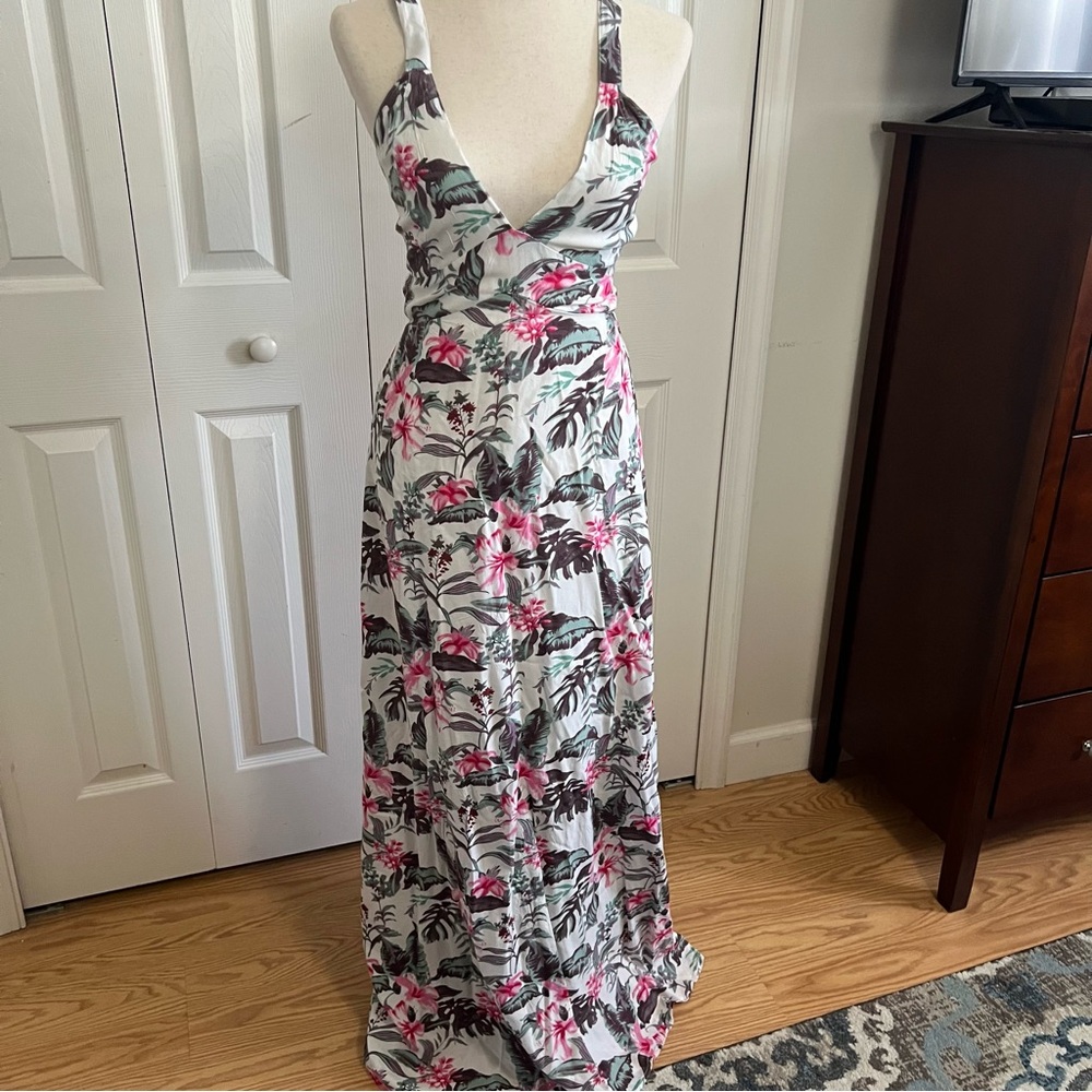 Tropical Floral Maxi Dress - Pink and White